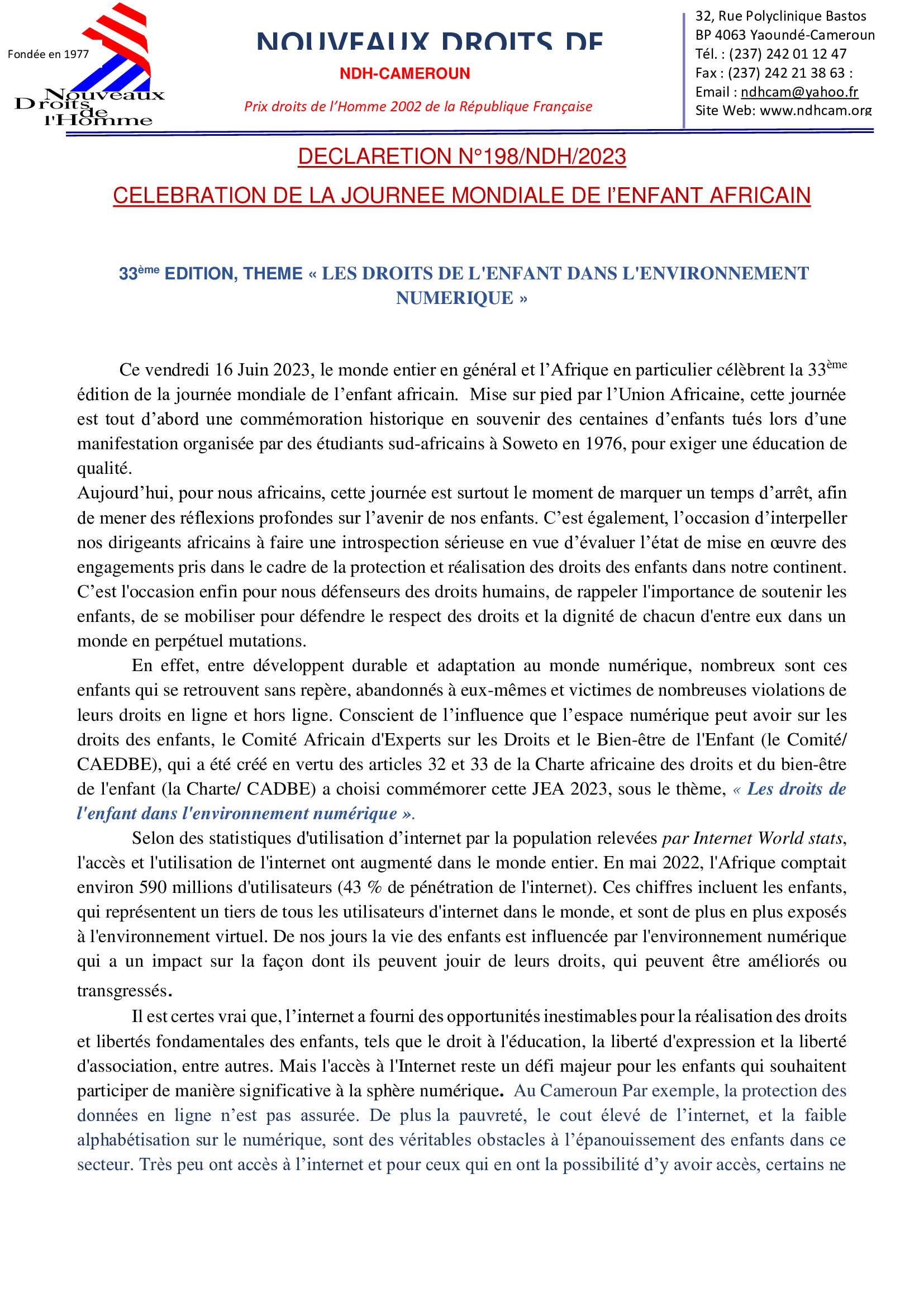  33ème EDITION, THEME « LES DROITS DE L’ENFANT DANS L’ENVIRONNEMENT NUMERIQUE »