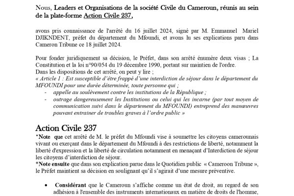 Un Citoyen Camerounais ne peut être interdit de Séjour dans un département du Cameroun.