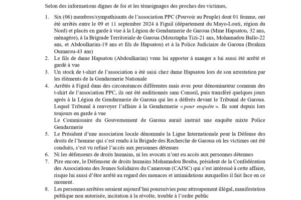 Cameroun, des menaces persistantes sur la liberté d’expression : 06 jeunes dont 01 femme ont étéarrêtées et d’autres activement recherchés à la suite d’une manifestation publique pacifique sur lechangement politique à Garoua