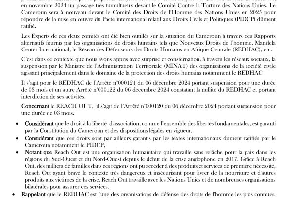 Déclaration de la Société Civile Camerounaise du 10 décembre 2024.