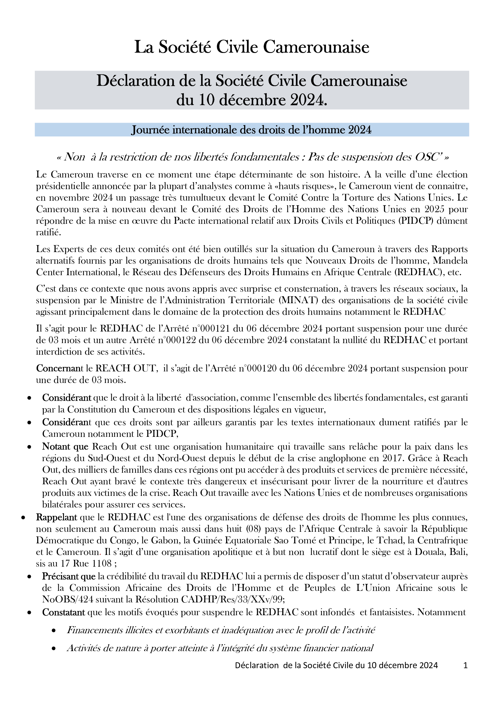 Déclaration de la Société Civile Camerounaise du 10 décembre 2024.