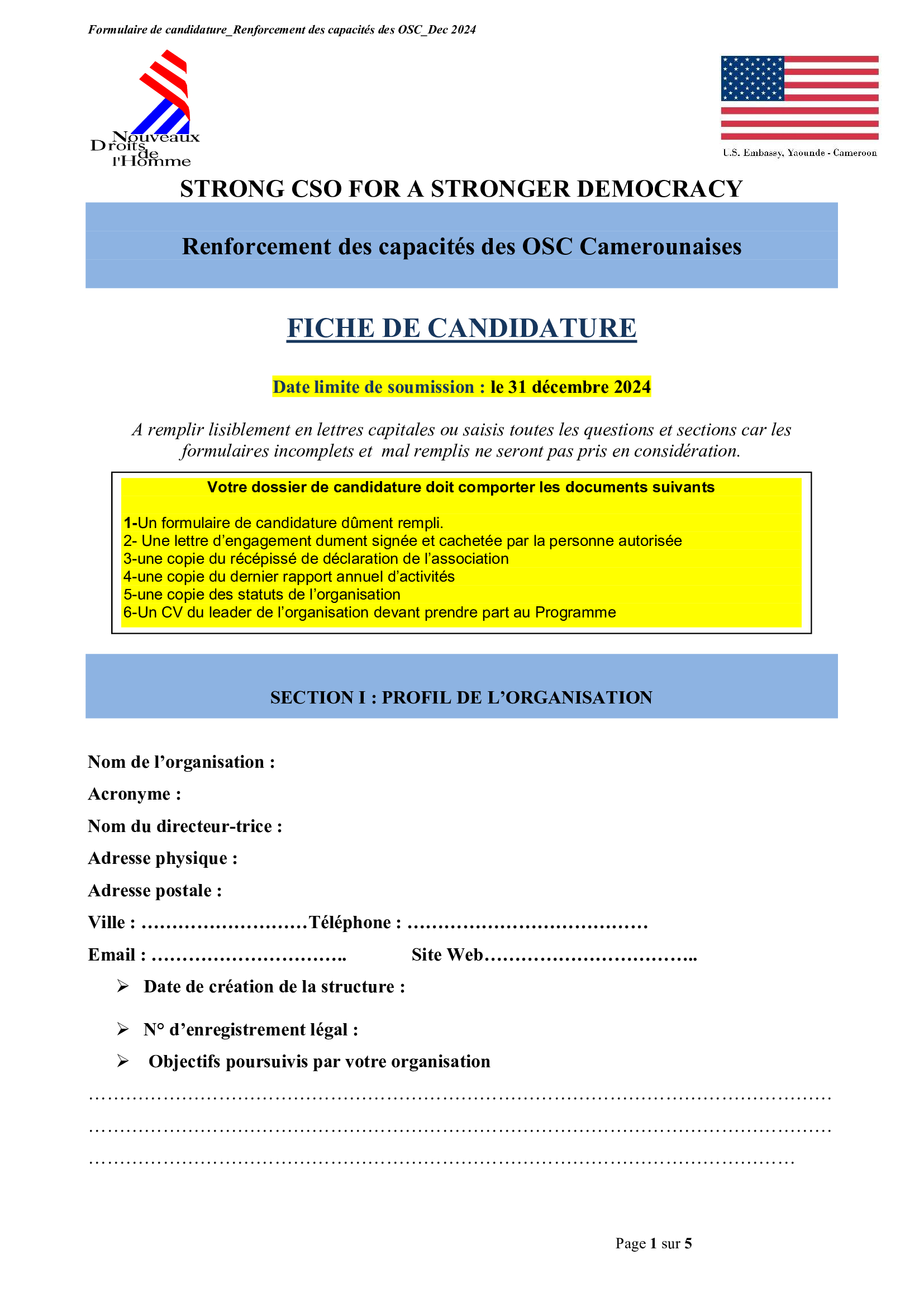 Renforcement des capacités des OSC Camerounaises : FICHE DE CANDIDATURE