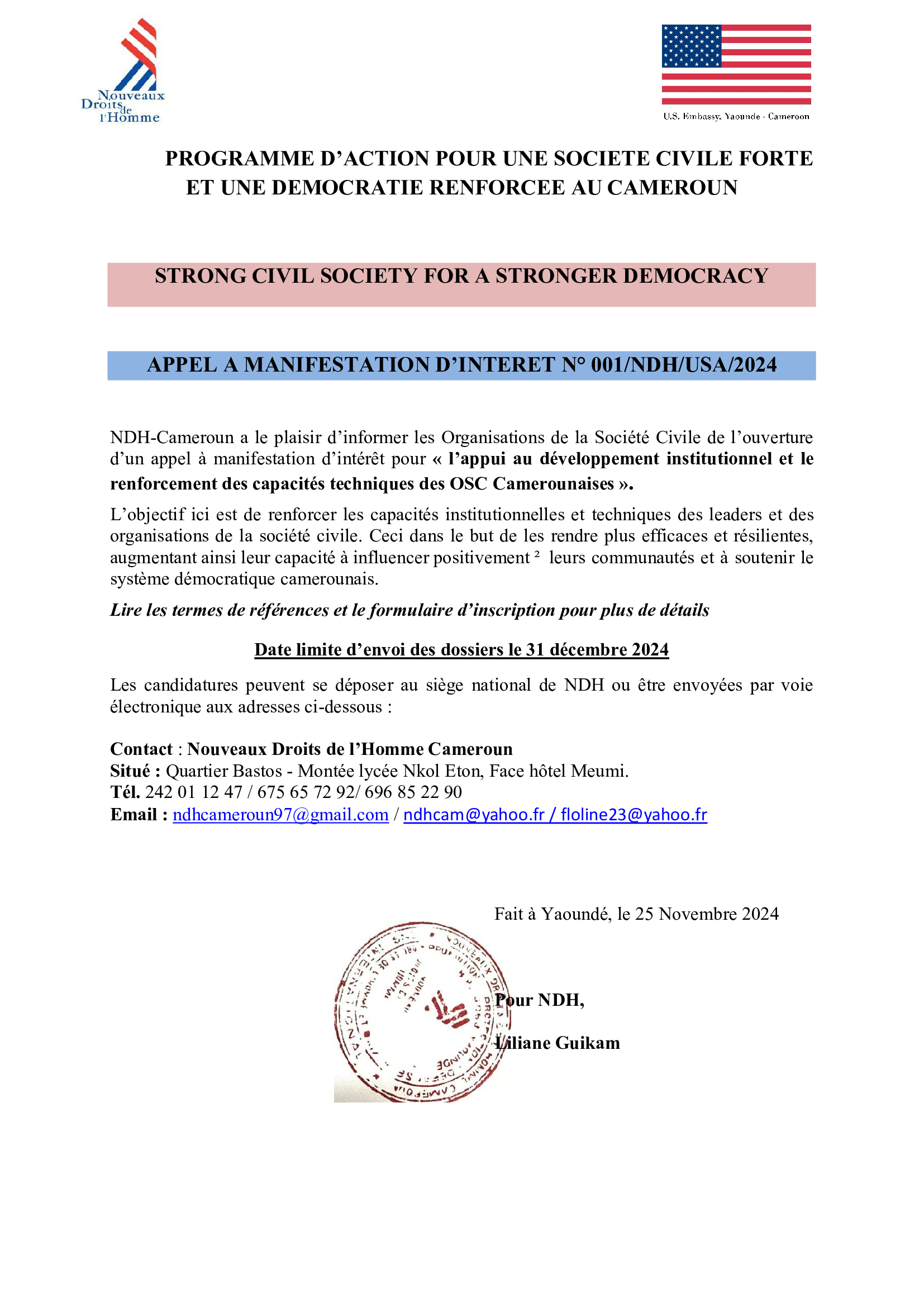 APPEL A MANIFESTATION D’INTERET N° 001/NDH/USA/2024