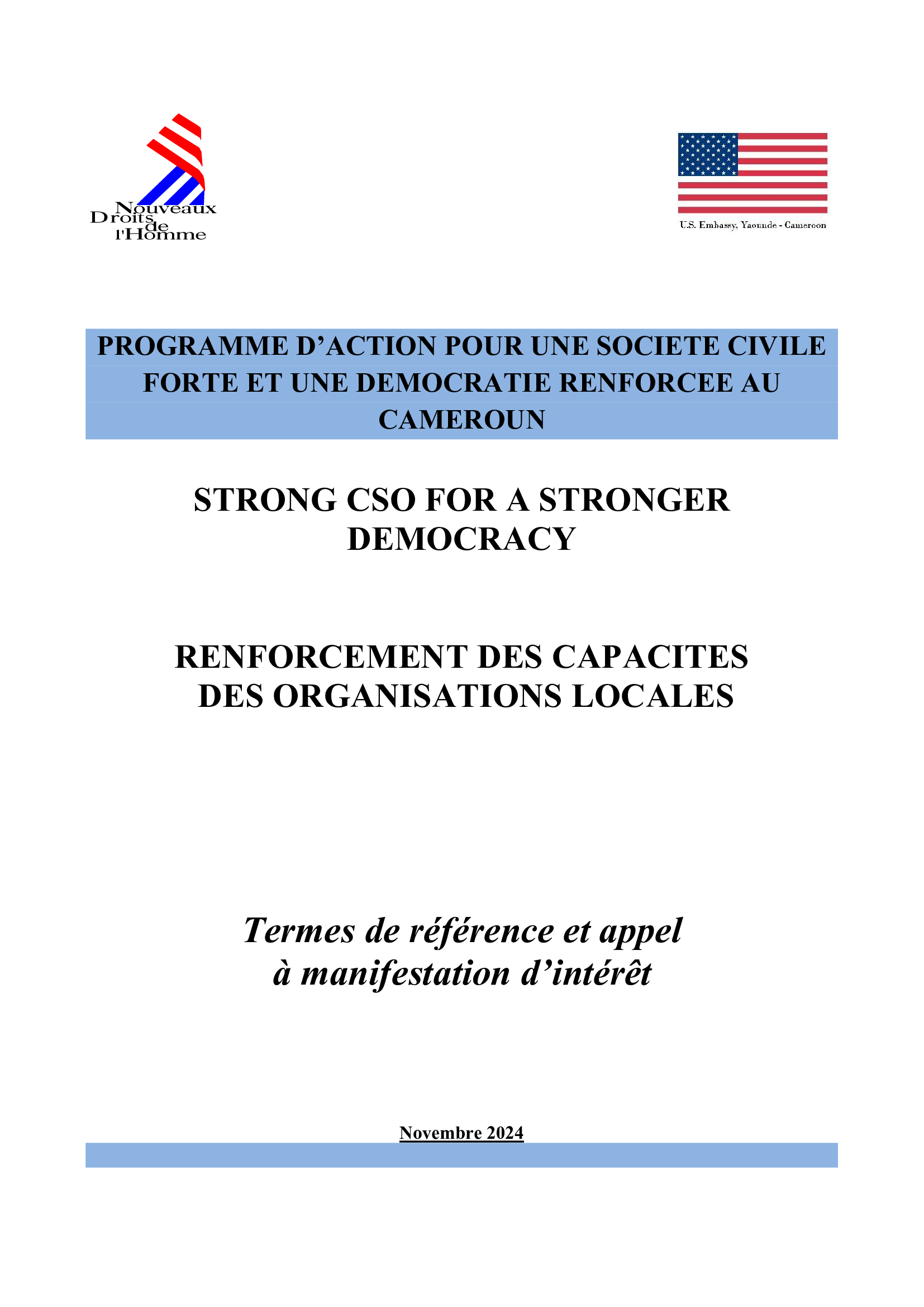 RENFORCEMENT DES CAPACITESDES ORGANISATIONS LOCALES :Termes de référence et appel à manifestation d’intérêt